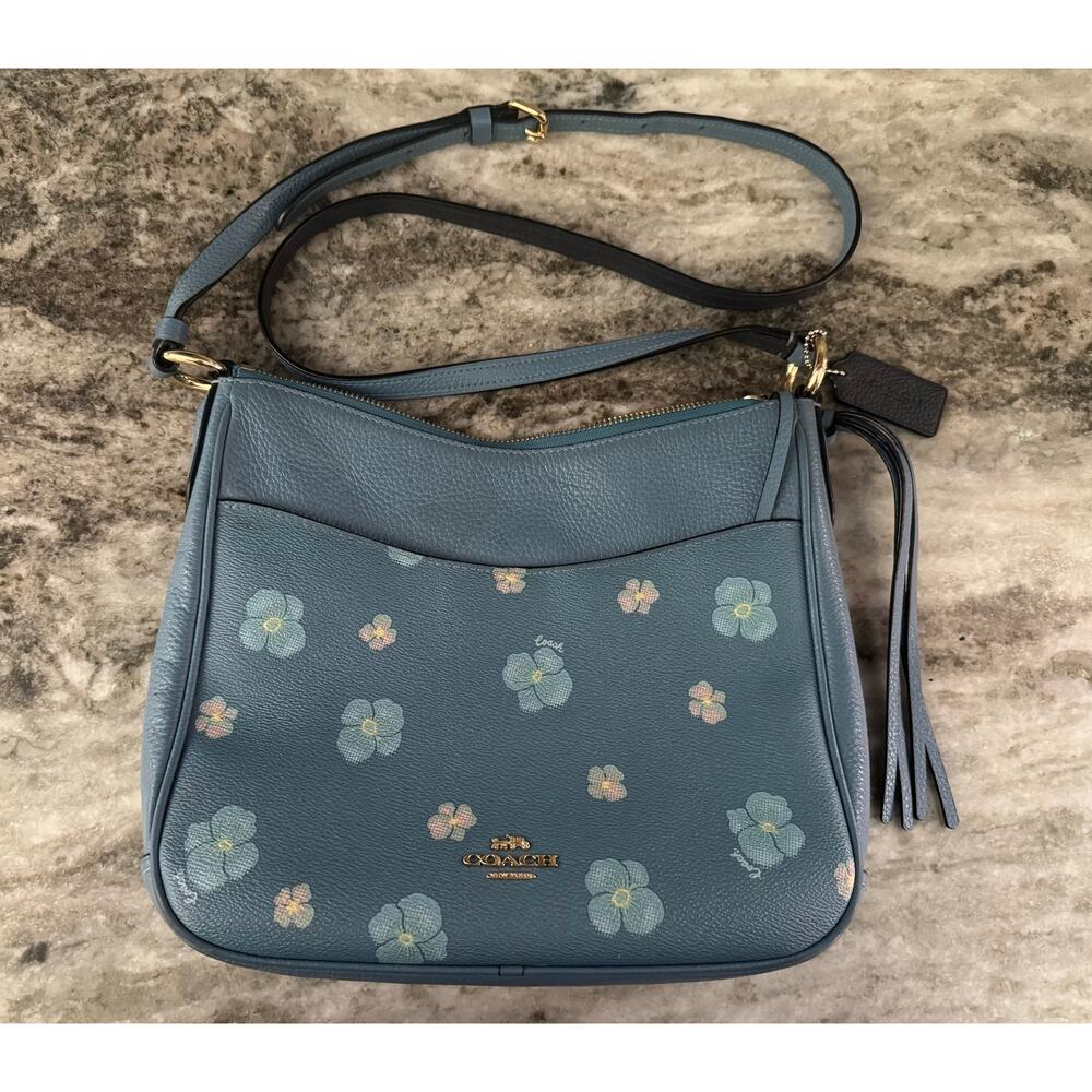 Coach Blue Chaise Pansy Floral Print Leather Adjustable Crossbody Purse Keychain - Picture 1 of 12